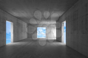 Abstract empty concrete corridor interior with blue sky outside. 3d rendering illustration