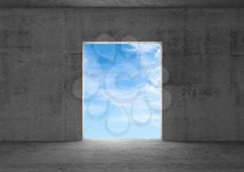 Empty doorway with blue sky ouside. Abstract empty concrete room interior background. 3d rendering illustration