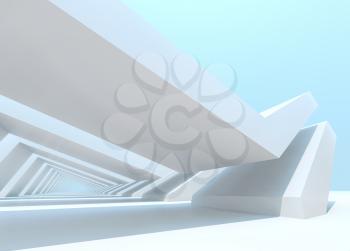 Abstract digital background with empty white tunnel perspective under bright blue sky. 3d rendering illustration