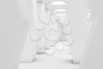Abstract empty white interior, corridor with broken shaped columns, contemporary architectural background, 3d rendering illustration