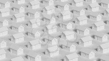An array of simple small white rural houses, town block abstract cgi representation, 3d rendering illustration