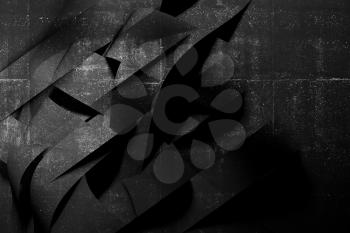 Abstract black background, chaotic installation with rough concrete texture, 3d rendering illustration 