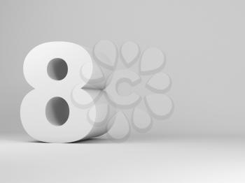 White digit eight installation in an empty studio room, 3d rendering illustration 