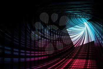 Abstract dark tunnel  background, twisted structure with glowing neon lines. 3d rendering illustration