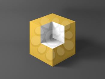 Abstract still life installation, yellow cube with blank white section. 3d rendering illustration