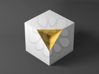 Abstract minimal object, cgi installation, white cube with yellow pyramid shaped section. 3d rendering illustration