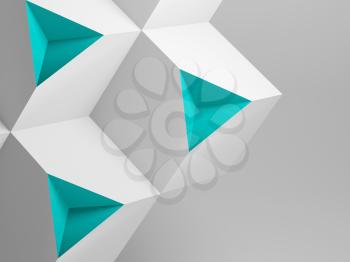 Abstract minimal installation, white cubes with green pyramid shaped sections. 3d rendering illustration