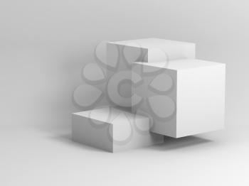 Abstract geometric installation,  podium of cubes over white background. 3d rendering illustration