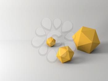 Abstract geometric installation, three Icosahedrons with soft shadow lay on white background. 3d rendering illustration