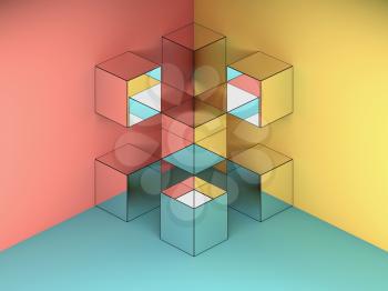 Abstract mirror cubes installation is in a corner of room with colorful walls, contemporary installation art, 3d render illustration