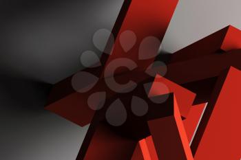 Abstract red chaotic geometric still life installation standing on gray background with dark shadow. 3d rendering illustration