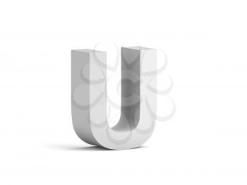 White bold letter U isolated on white background with soft shadow, 3d rendering illustration 