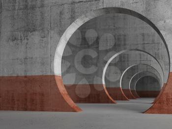 Abstract empty gallery background. Concrete interior with empty round doorways, 3d rendering illustration