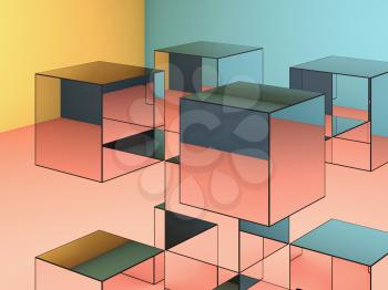 Abstract installation of mirror cubes is in a room with colorful walls, contemporary installation art, 3d render illustration