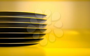 Abstract computer graphic background with discs installation on shiny yellow wall. 3d rendering illustration