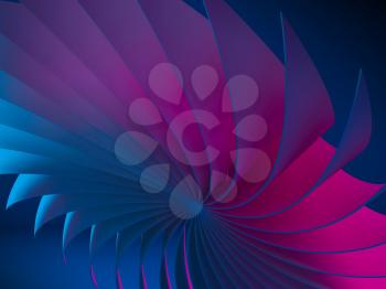 Abstract digital graphic pattern, neon colored bent impeller structure over dark blue background, 3d rendering illustration