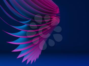 Abstract digital graphic pattern, bent impeller structure wih vibrant neon illumination over dark blue background, 3d rendering illustration