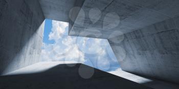 Empty abstract concrete interior with cloudy sky behind an enpty window. Modern minimalistic architecture background, 3d illustration