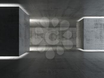 Abstract empty concrete interior background, dark room with illuminated cubes installation, 3d rendering illustration