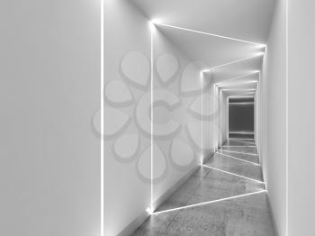 White tunnel perspective view with polished concrete floor, matte walls and LED stripes illumination. Abstract minimal interior background. 3d rendering illustration