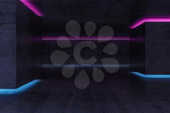 Abstract dark concrete room interior background, with colorful neon illumination, 3d rendering illustration