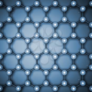 Graphene layer structure, top view. Blue toned hexagonal lattice of carbon atoms. 3d illustration