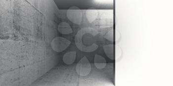 Abstract interior background. Concrete walls and empty white banner with copy space area on the right side, 3d rendering illustration