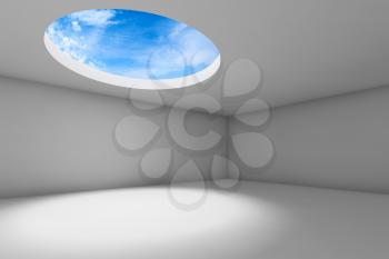 Abstract empty interior background, white showroom with blue sky behind round ceiling light window. 3d render illustration