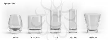 Types of table glasses. Set of standard empty glasses with soft shadow standing in a row over white background, 3d rendering illustration