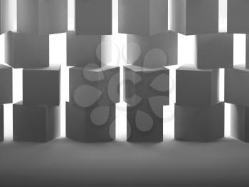 Abstract white cubes wall installation with back lit illumination. 3d rendering illustration