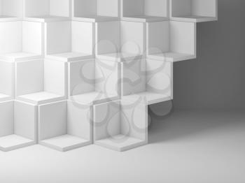 Abstract geometric cgi background  with white cubes installation in a blank white room, 3d rendering illustration