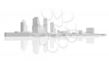 Abstract modern cityscape skyline. 3d model isolated on white background with reflections over ground