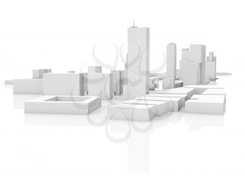 Abstract modern cityscape model isolated on white background with soft reflection over ground, 3d illustration