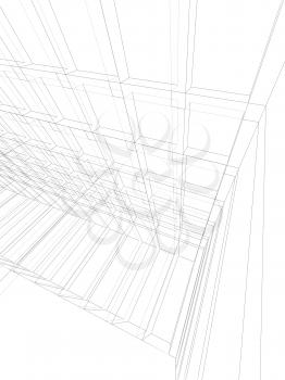 Vertical digital background, empty 3d room interior structure, wire frame lines over white background