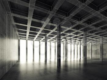 Abstract architecture background with perspective view of empty dark concrete room, 3d illustration, white wire-frame lines effect