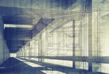 Abstract architecture 3d background with perspective view of blue corridor