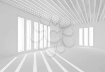 Abstract white room interior with windows and sun beams. Empty architecture background, 3d illustration