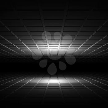 Abstract black shining tunnel digital interior background with square relief pattern on floor and ceiling, 3d illustration