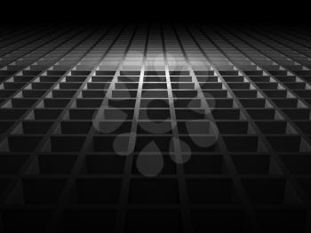 Abstract shining black digital background with square relief pattern on floor, 3d illustration