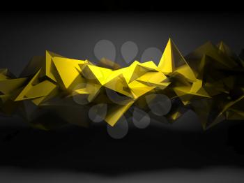 Abstract digital background, interior with yellow shining chaotic polygonal structure, 3d render illustration