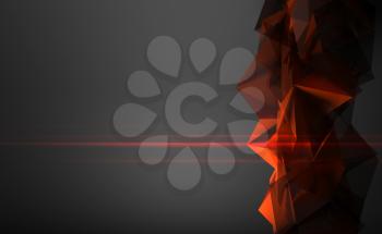 Abstract dark digital background, shiny red polygonal structure with laser light beams, 3d render illustration