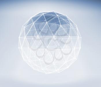 Abstract polygonal spherical object with lattice wire-frame mesh, blue toned 3d illustration