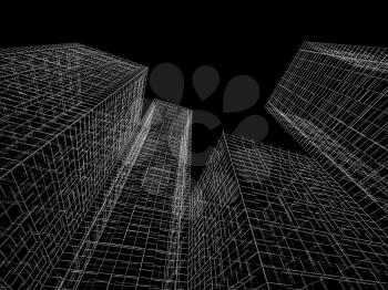 Abstract digital graphic background. Modern buildings perspective. White wire frame lines over black background. 3d render illustration
