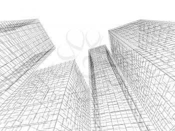 Abstract digital graphic background. Tall buildings perspective view, black wire frame lines isolated on white background. 3d render illustration