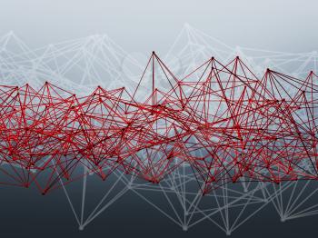 Abstract futuristic polygonal structure and red wire-frame lattice mesh. 3d render illustration