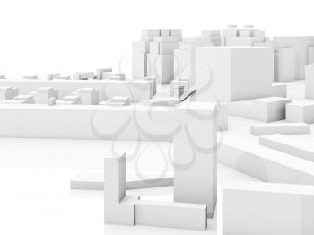Abstract contemporary cityscape, 3d illustration over white background with soft reflections over empty ground