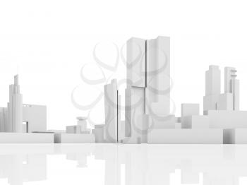 Abstract contemporary cityscape, tall houses, industrial buildings and office towers. 3d render illustration isolated on white
