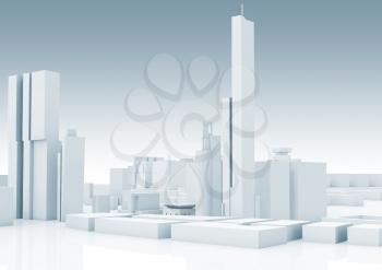 Abstract white modern cityscape skyline. Blue toned 3d render with glossy ground. Digital 3d render illustration