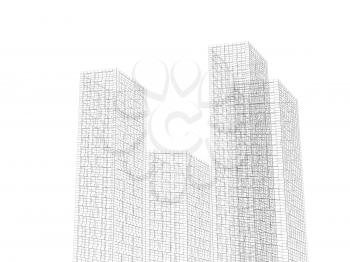 Digital graphic background. Abstract buildings cluster, black wire frame lines isolated on white background. 3d render illustration