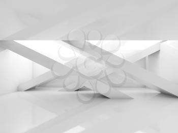 Abstract empty interior, white room with beams and soft illumination. Digital 3d illustration background, computer graphic